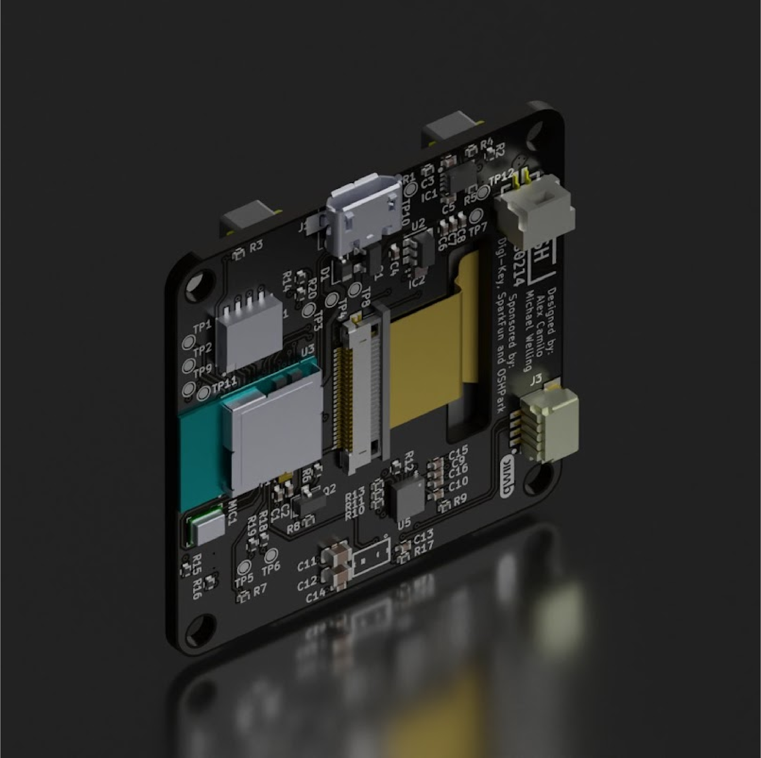 Carte électronique qui gère les systemes du drone - Image trouvée ici : https://wyolum.com/experimenting-pcb-rendering-using-kicad-freecad-and-blender/